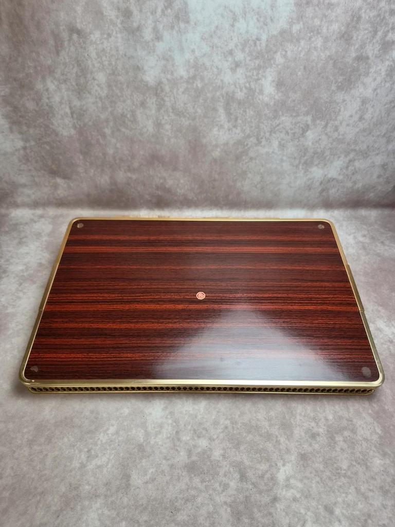 Grand plateau de service vintage italien Mb – effet palissandre & galerie dorée – années 60/70