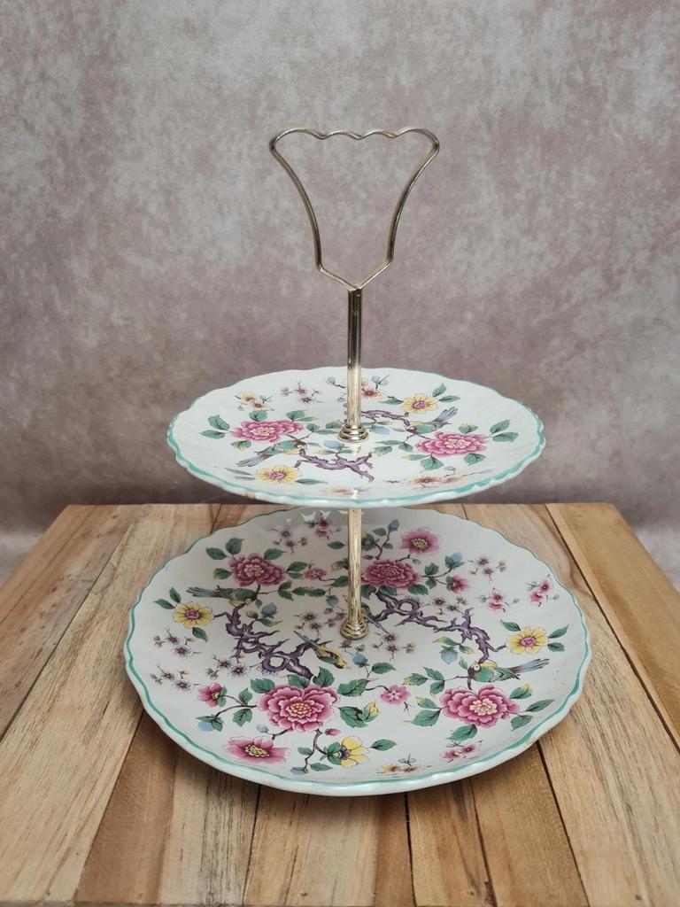 Présentoir à gâteaux 2 étages vintage anglais James Kent Old Foley fleurs oiseaux