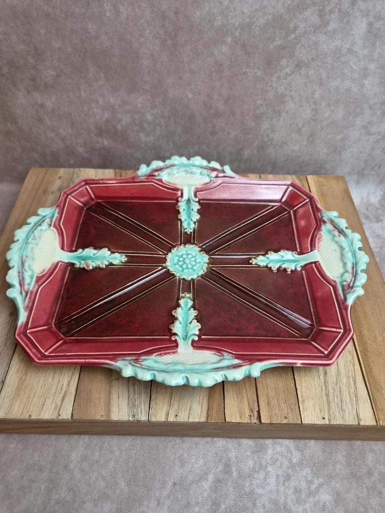 Ensemble ancien en barbotine majolique – plateau et 4 petits pots – Art Nouveau