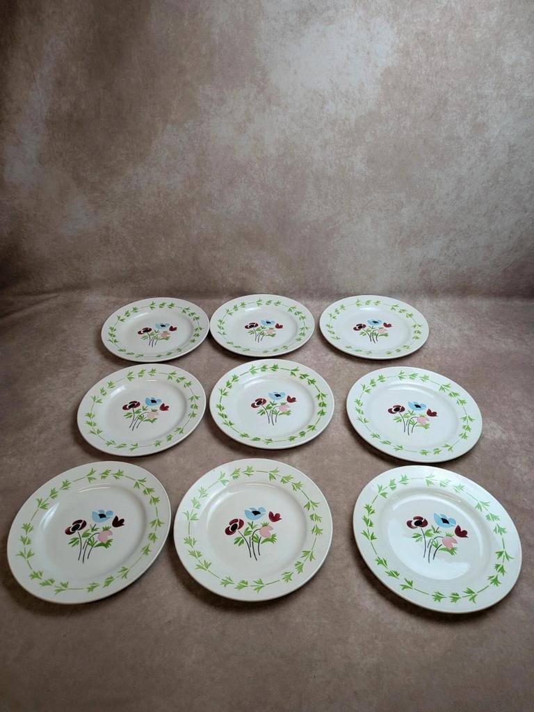 Lot de 9 assiettes plates en terre de fer Digoin Sarreguemines – Modèle Poupette – Vintage