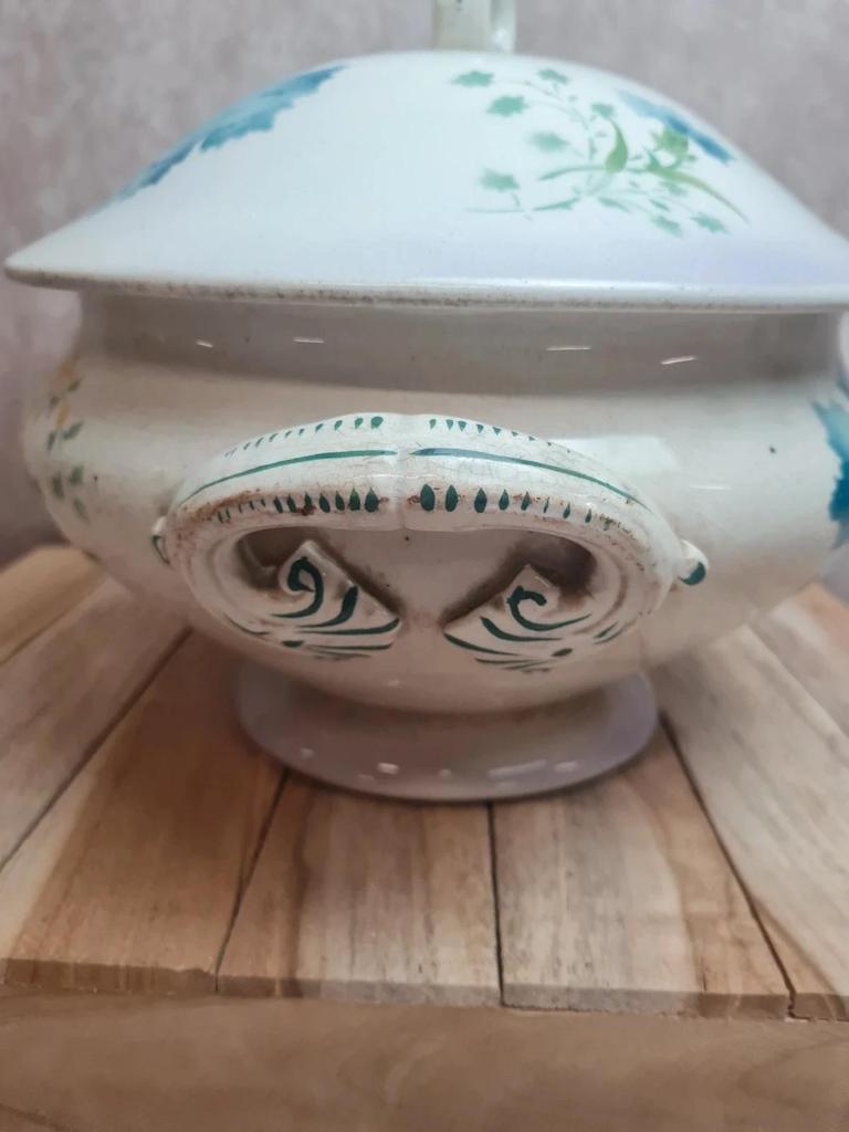 Soupière ancienne terre de fer St Amand Lebacqz Bouchard décor pavot polychrome 💙🌿