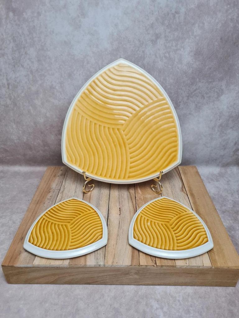 Lot dessous de plat + dessous de bouteilles Sarreguemines jaune graphique vintage 🟡