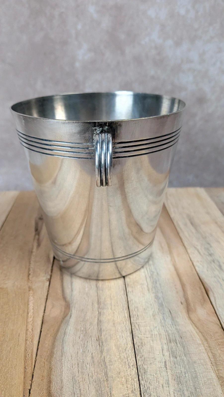 Seau à glaçons ancien en métal argenté avec pince – esprit bistrot chic