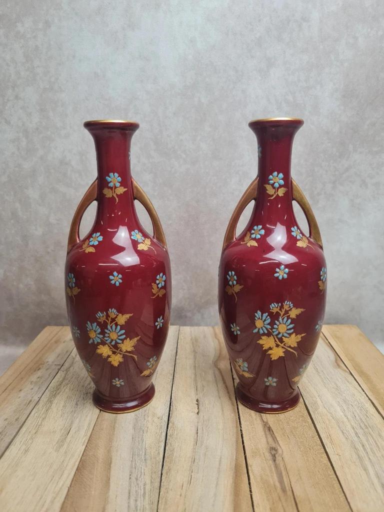 Paire de vases Sarreguemines modèle 1729 – vers 1895 – dépôt Émile Bourgeois – pièce rare