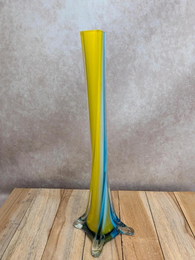 Vase vintage verre coloré bleu & jaune style Murano
