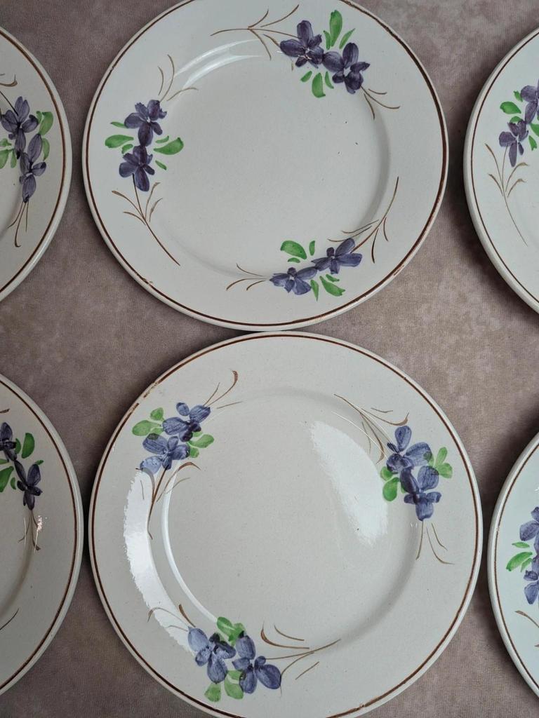 Lot de 9 assiettes anciennes en terre de fer – Opaque de Bordeaux – décor floral peint main