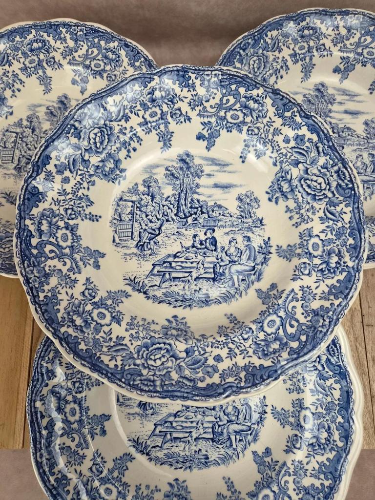 Lot de 4 assiettes creuses vintage Lunéville modèle English – décor Toile de Jouy bleu 💙