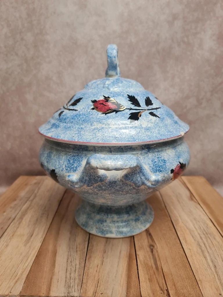 Soupière ancienne Gien décor chardons bleu moucheté terre de fer 🍲🌿