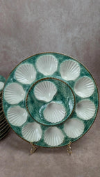Service 12 assiettes à huîtres + grand plat Longchamp majolique vert coquillage vintage