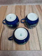 Service café vintage Digoin Sarreguemines bleu cobalt – 3 tasses + 3 soucoupes fleuries 🌼