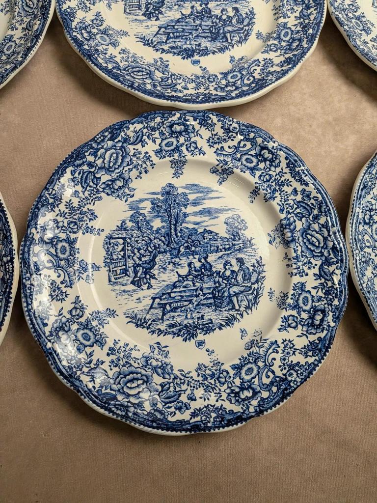 Lot de 12 assiettes plates Terre de fer Bp – Décor bleu toile de Jouy
