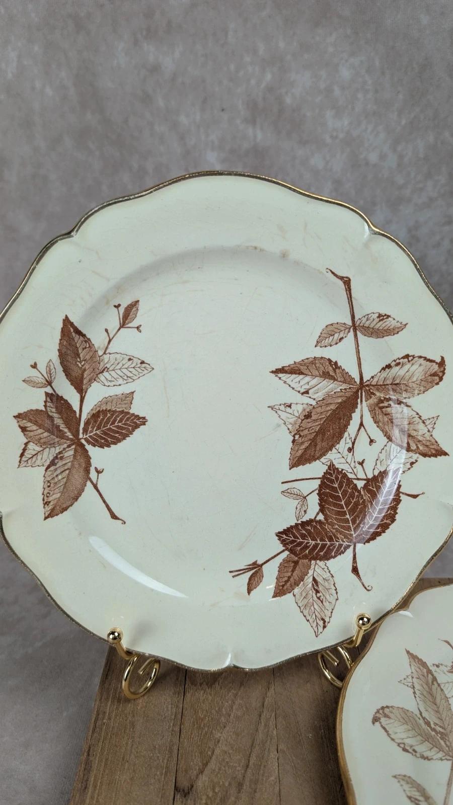 Assiettes anciennes Gien décor feuillage brun – lot de 2 22,5 cm