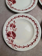 Lot de 6 assiettes plates en terre de fer Longwy – Modèle Viennois – Fleurs rouges