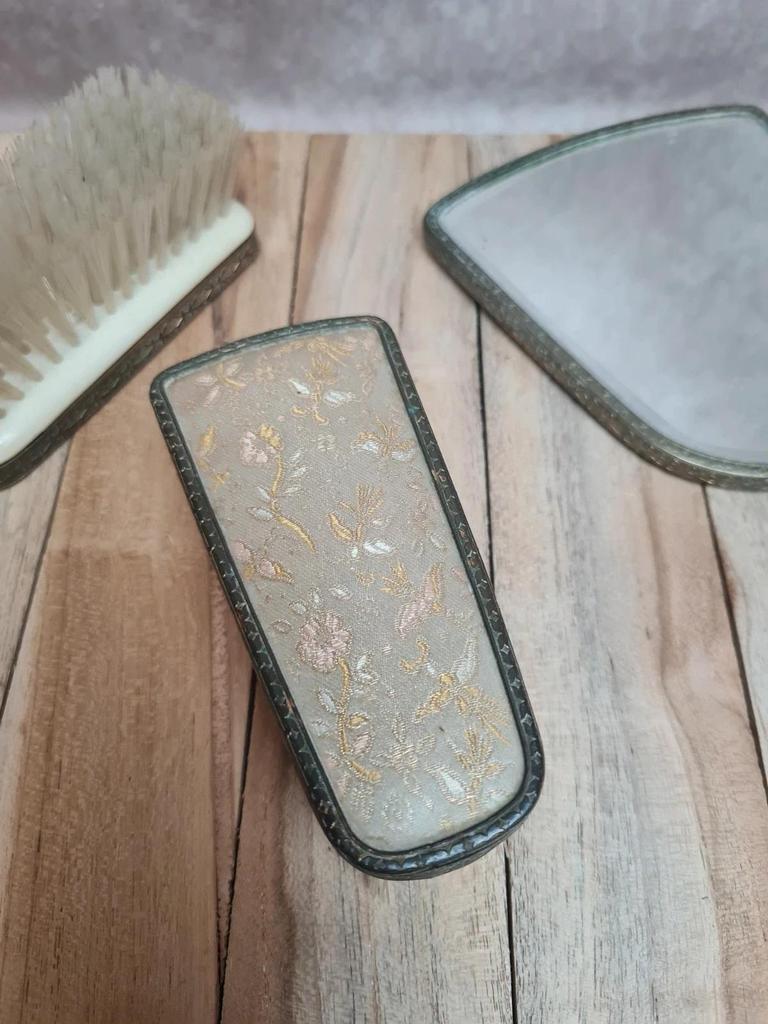 Ensemble de toilette ancien anglais Regent – brosse, glace & brosse à vêtements – style Art déco