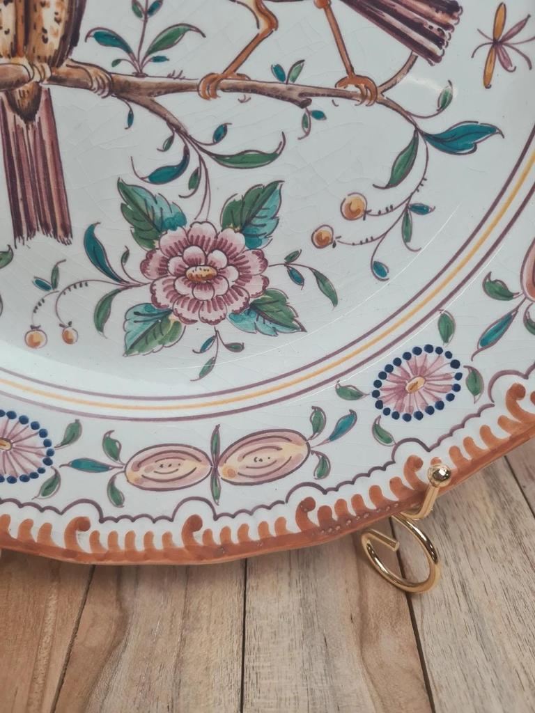 Grand plat vintage décor oiseaux – signé Outeiro 🌸
