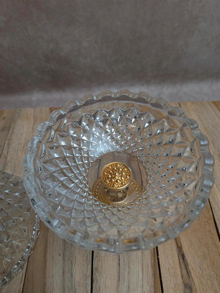 Bonbonnière vintage style Hollywood Regency – verre taillé et métal doré