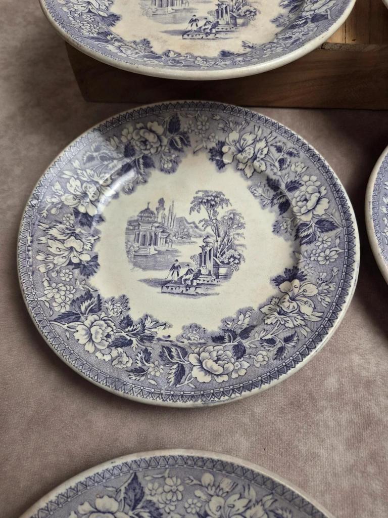 Lot de 8 assiettes à dessert anciennes anglaises J. Marshall & Co Bosphorus faïence violette Xixe