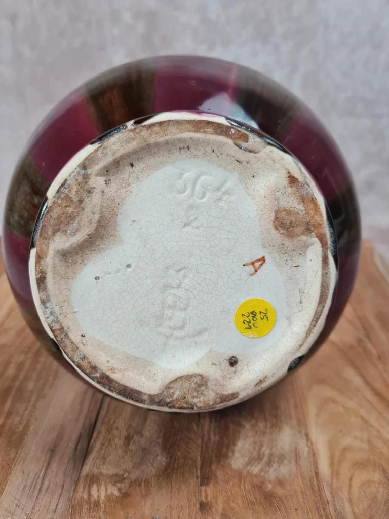 Grand vase ancien Fives-lille – signé Gustave De Bruyne 💐 Émail flammé vert & lie-de-vin
