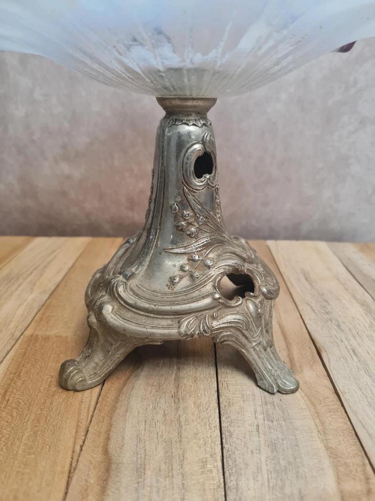 Coupe ancienne Art nouveau en métal argenté et verre opalin violine 🌿
