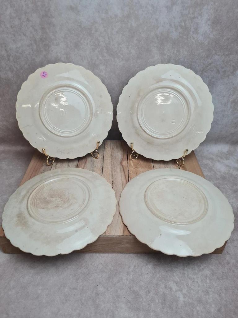 Lot de 4 assiettes à dessert anciennes terre de fer décor floral bleu et vert 🌿