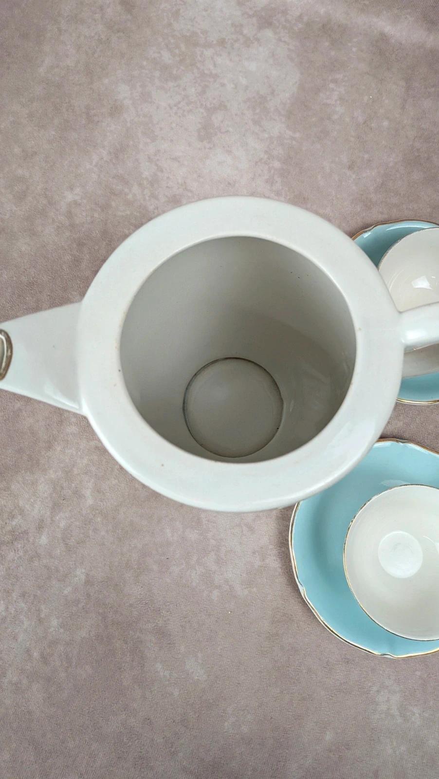 Service à thé vintage bleu céladon – théière Lunéville + 10 tasses Ceranord