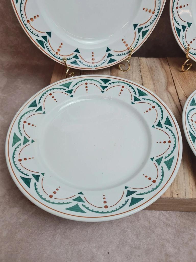 Lot 4 assiettes plates anciennes Badonviller Lunéville modèle Succao vert & brun