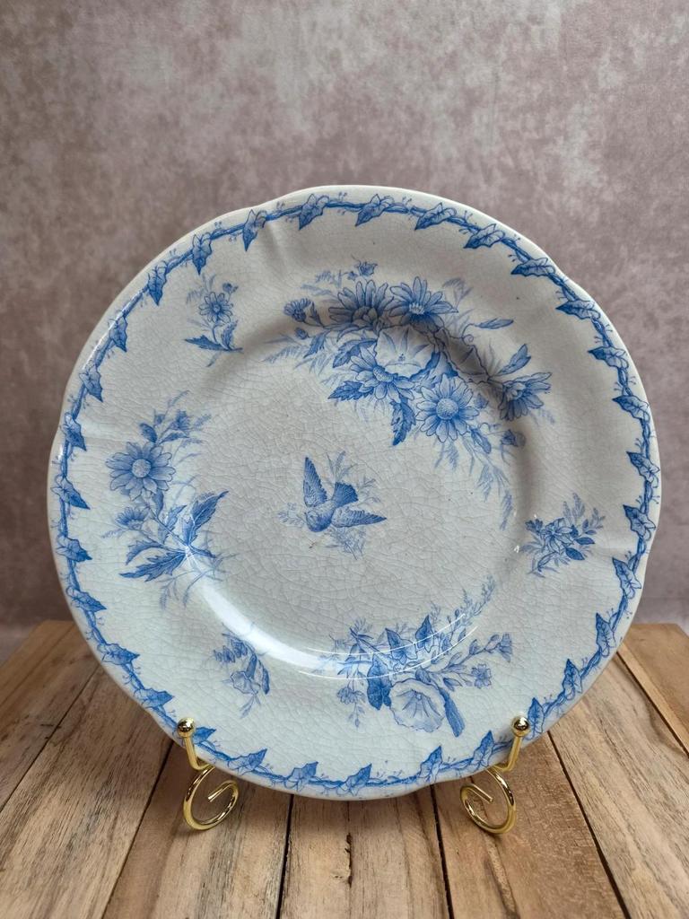 Assiette ancienne Gien Liserons – Décor oiseaux et fleurs bleu