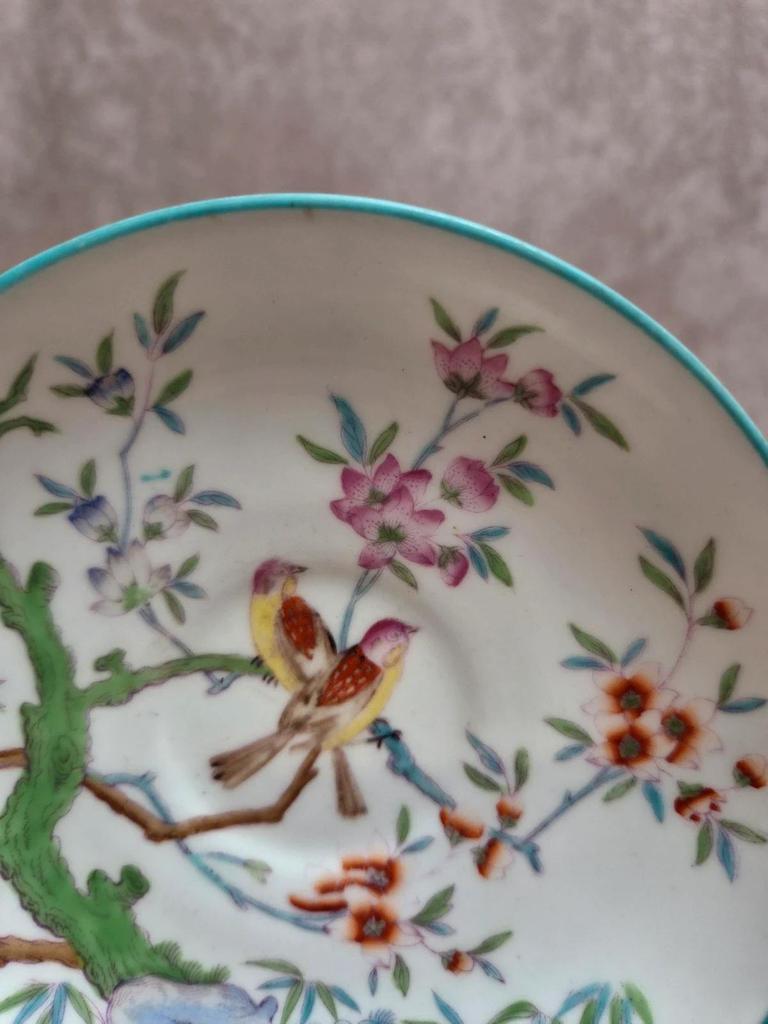 Sous-tasse ancienne Minton English Porcelain – décor oiseaux & branche fleurie – esprit chinois