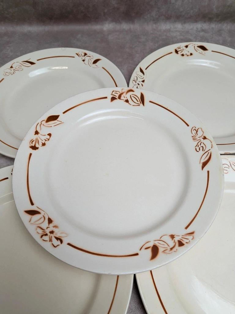 Lot de 6 assiettes terre de fer Hbcm Narcisse décor floral marron