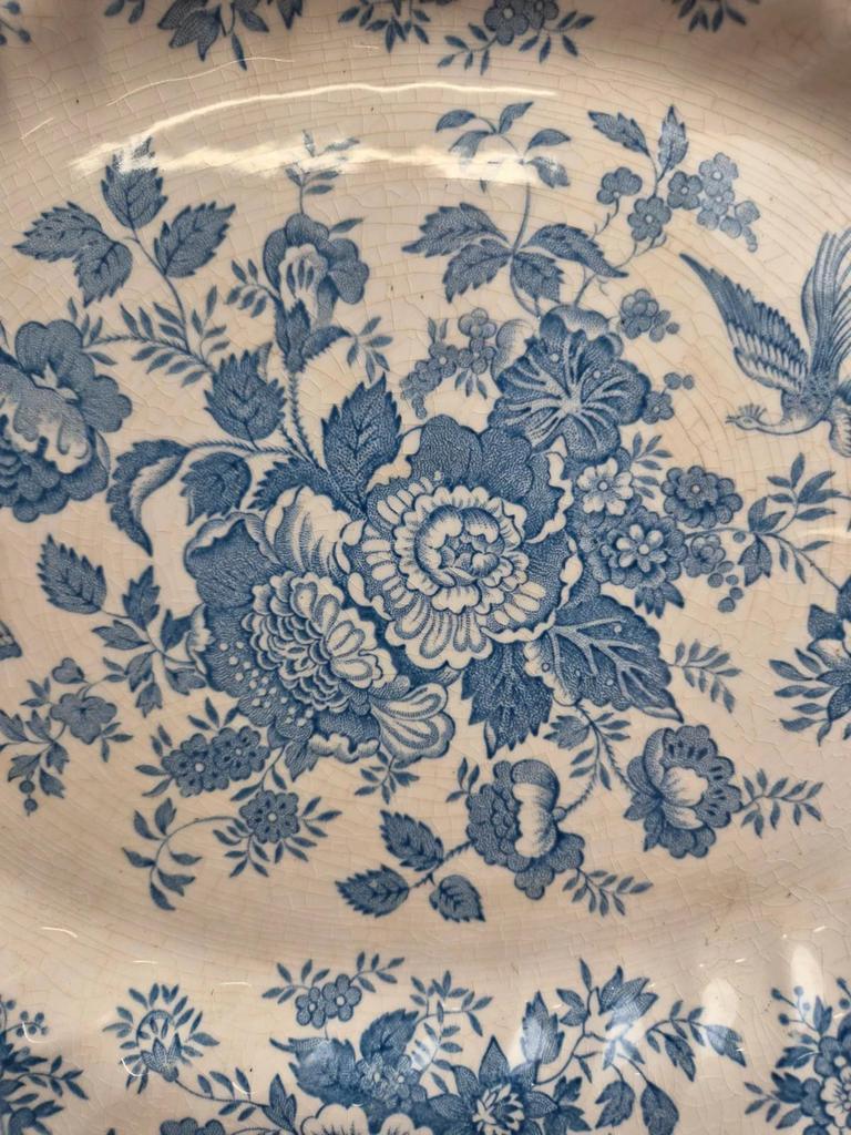 Grand plat ovale vintage Myott Meakin – Décor floral bleu et oiseaux – 38 cm