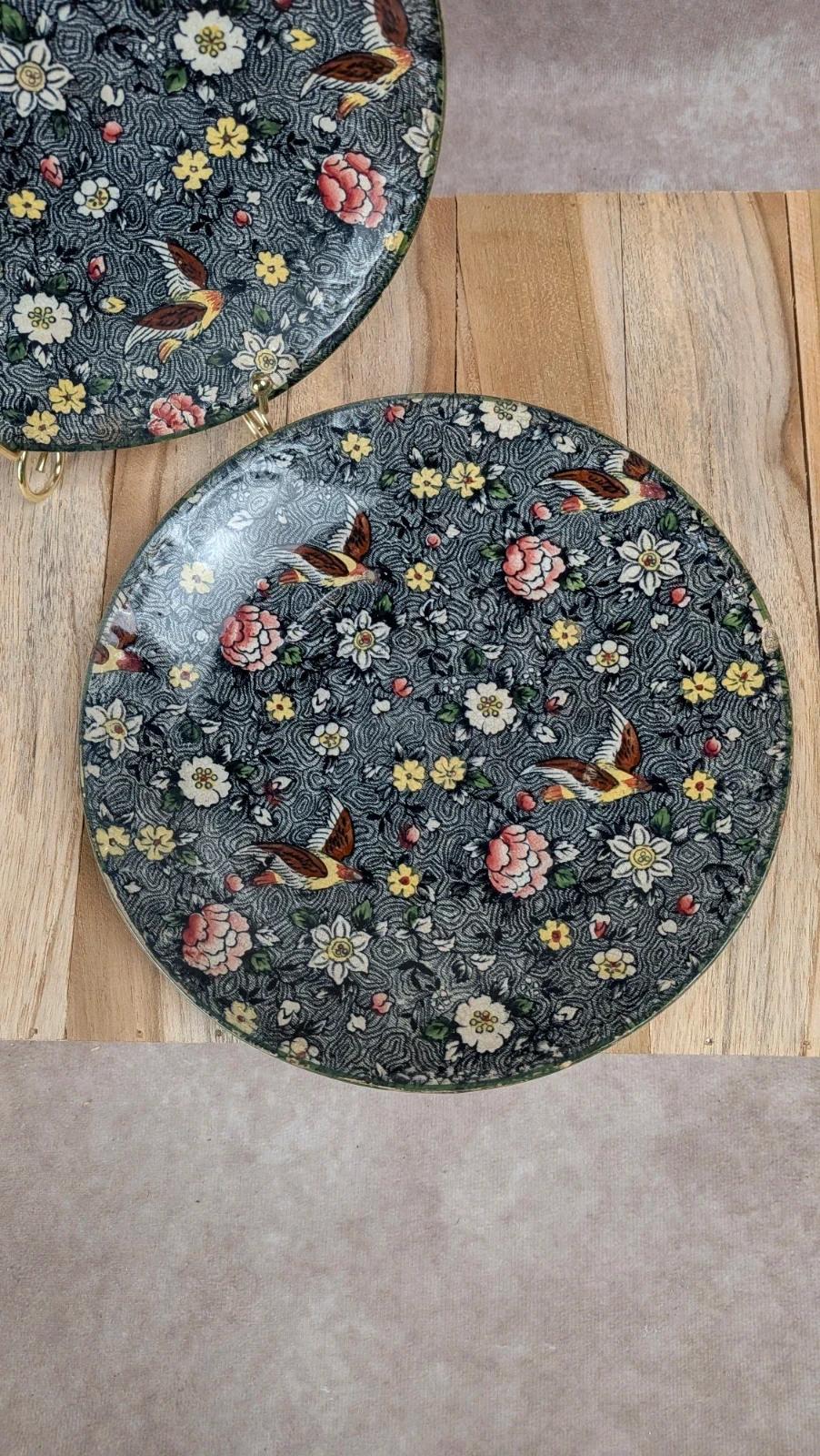 Lot de 2 assiettes anciennes Delton Ware motif oiseaux & fleurs