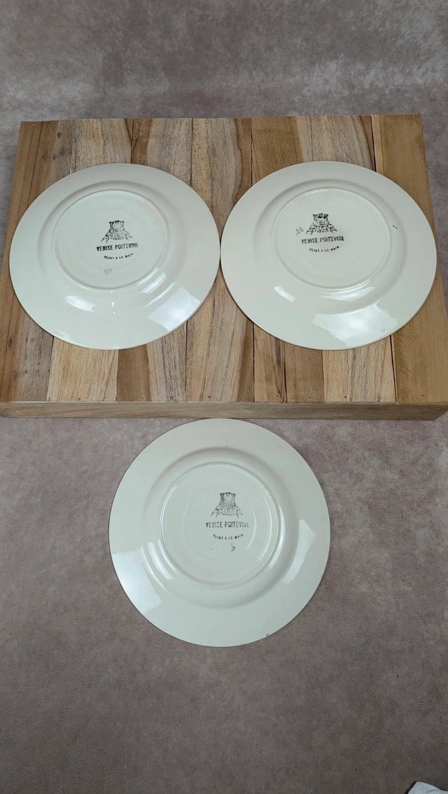 Lot de 3 assiettes à dessert Gien Venise peintes à la main
