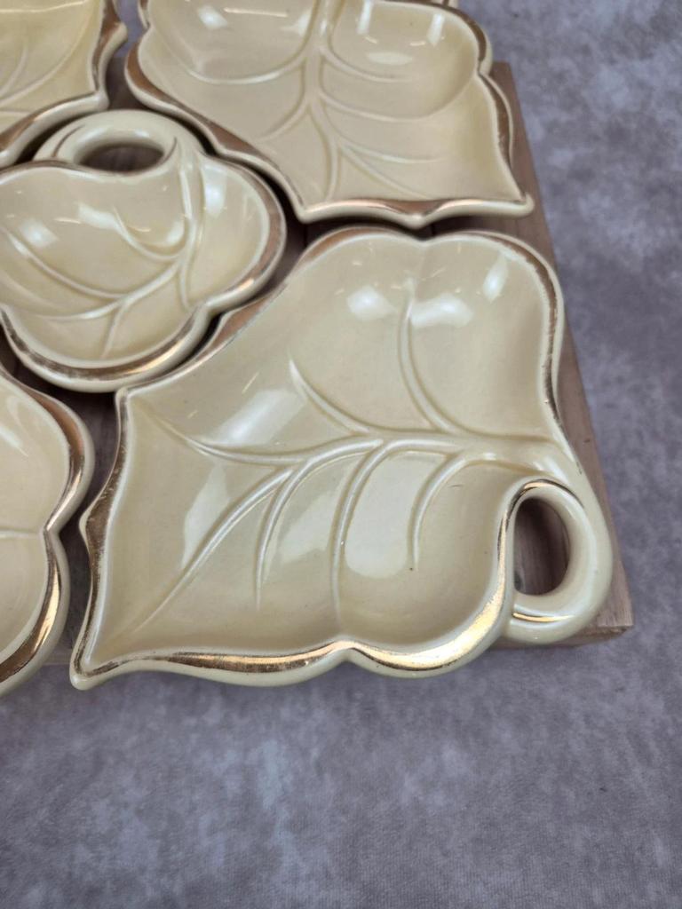 Service apéritif vintage 5 coupelles feuilles – Céramique d’art de Poët Laval – dorures