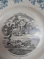 Lot de 3 assiettes parlantes anciennes Automobiles en terre de fer