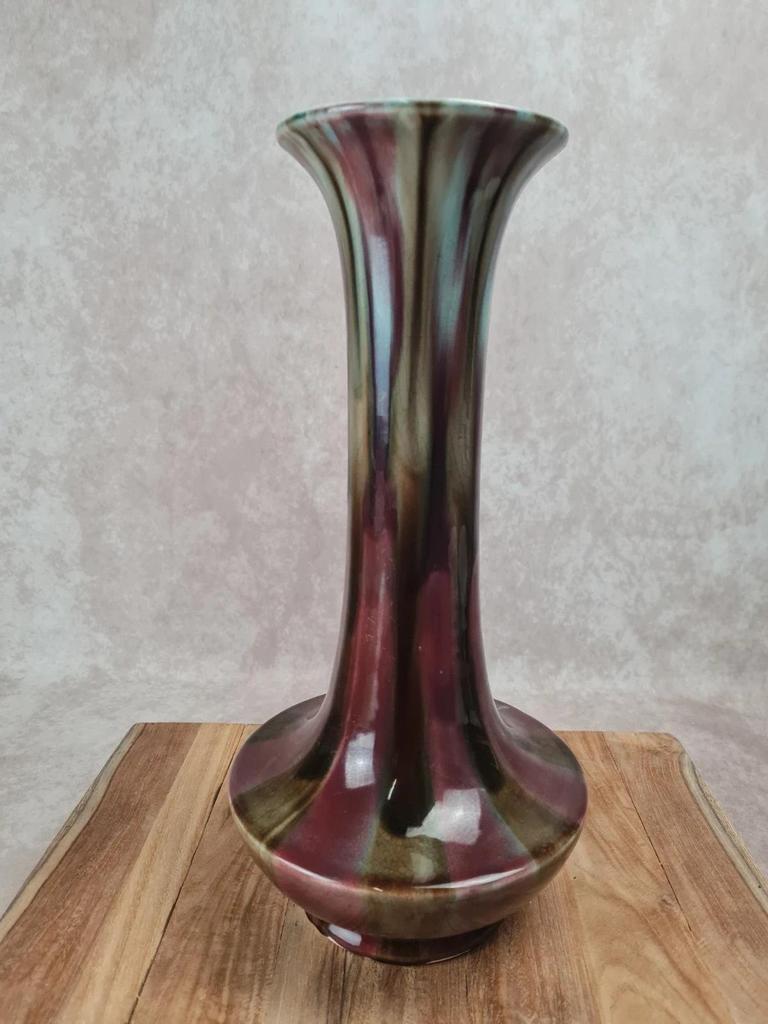 Grand vase ancien Fives-lille – signé Gustave De Bruyne 💐 Émail flammé vert & lie-de-vin