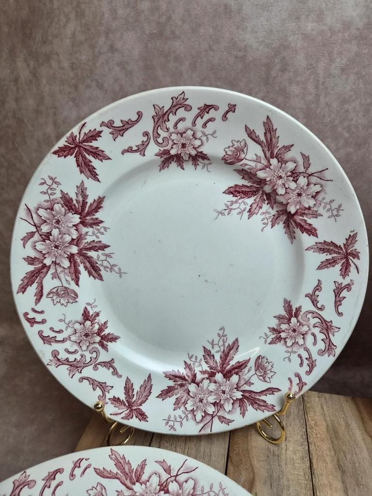 Lot de 4 assiettes plates vintage Amandinoise modèle Anémone 🌸 Terre de fer ancienne décor bordeaux