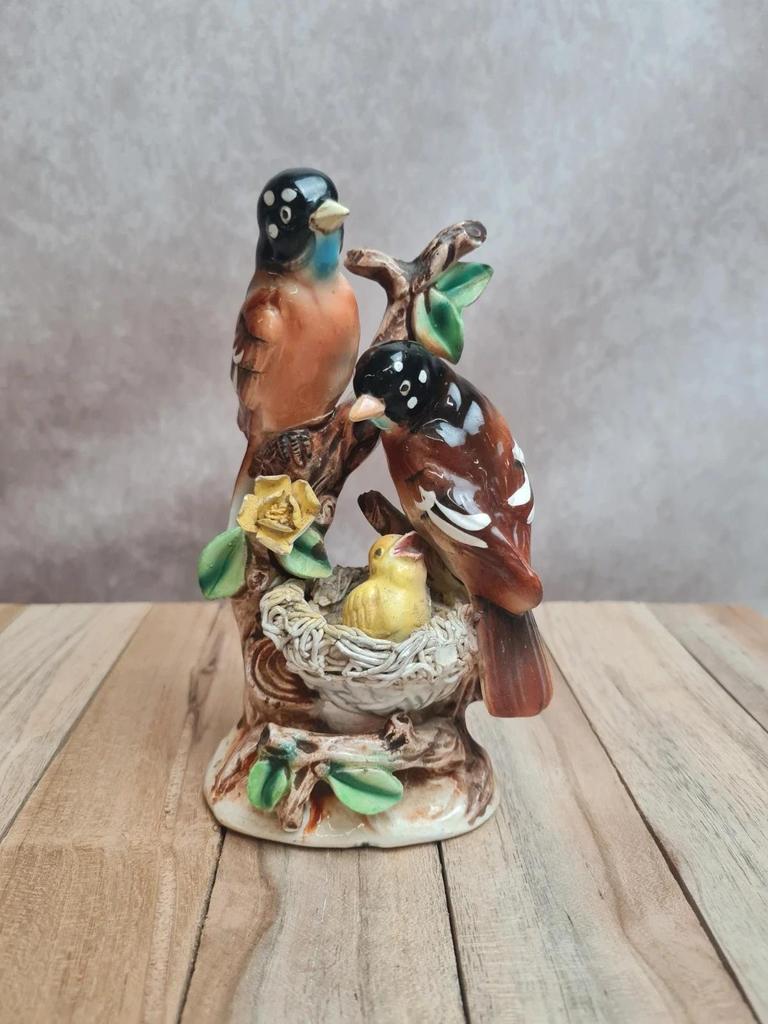 Figurine oiseaux barbotine vintage nid oisillon décor nature