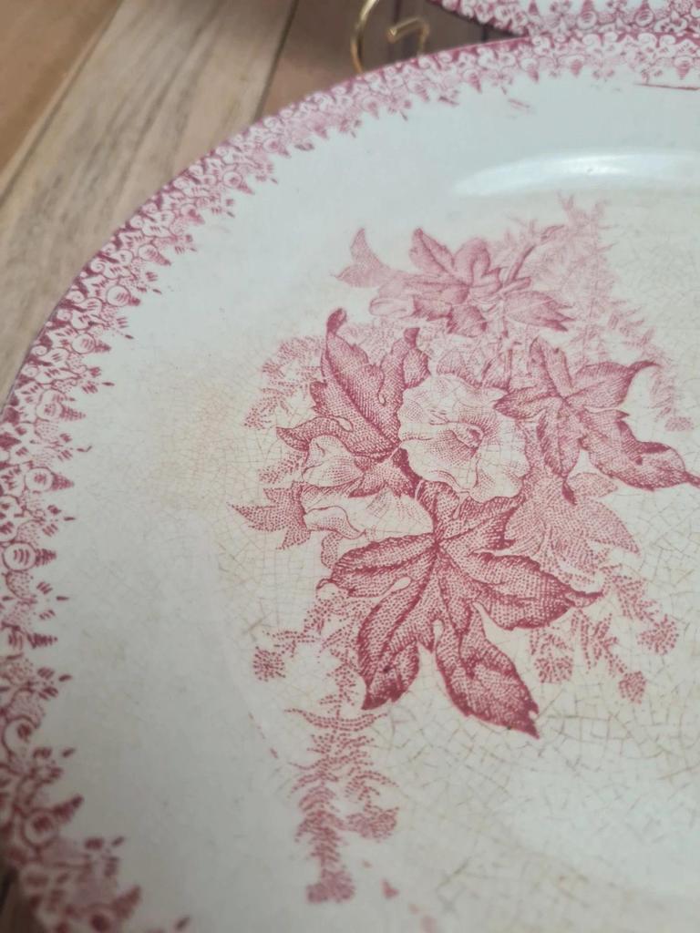 Lot de 2 assiettes à dessert anciennes Églantine Onnaing – décor rouge fleuri 🌿🍓