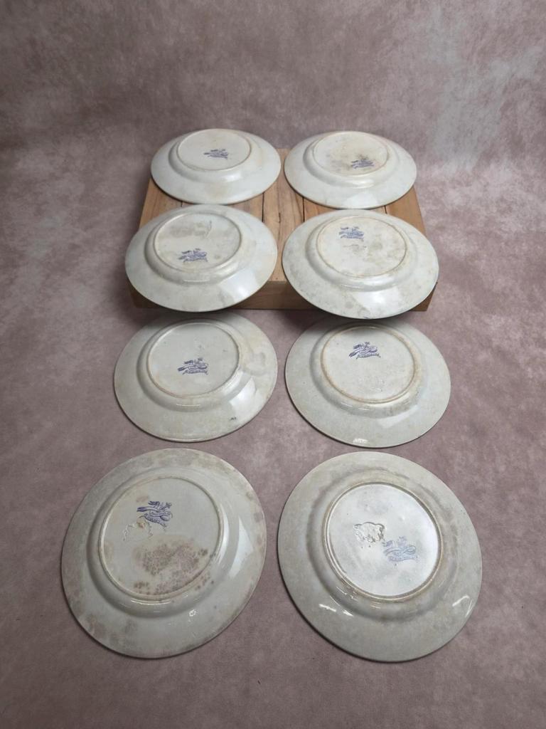 Lot de 8 assiettes à dessert anciennes anglaises J. Marshall & Co Bosphorus faïence violette Xixe