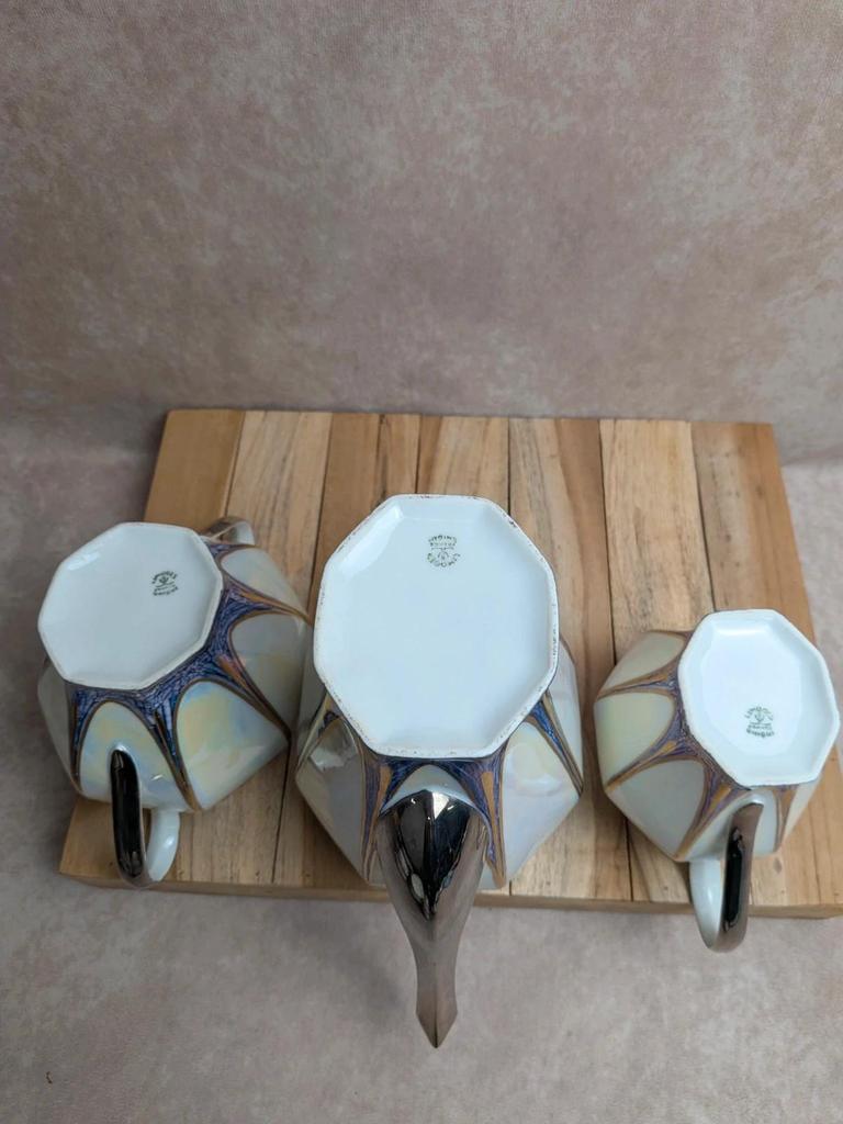 Service à café Art déco Limoges Unique signé Pailles – 27 pièces en porcelaine irisée