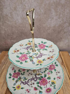 Présentoir à gâteaux 2 étages vintage anglais James Kent Old Foley fleurs oiseaux