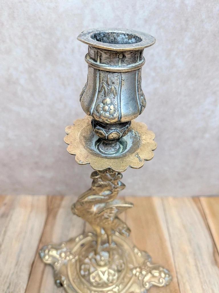 Bougeoir ancien en laiton héron – style Art Nouveau orientaliste