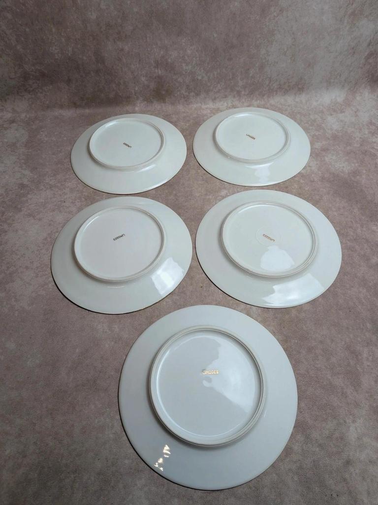 Lot de 5 assiettes plates en porcelaine de Limoges – Décor floral et dorures