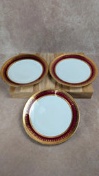 Lot de 3 assiettes plates Limoges Salmon & Cie décor bordeaux et or