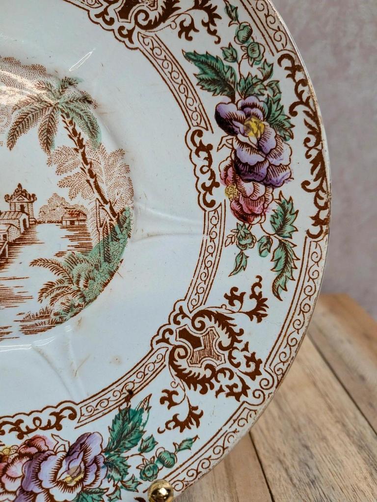 Assiette plate ancienne en terre de fer Longwy – Modèle Cyprus polychrome