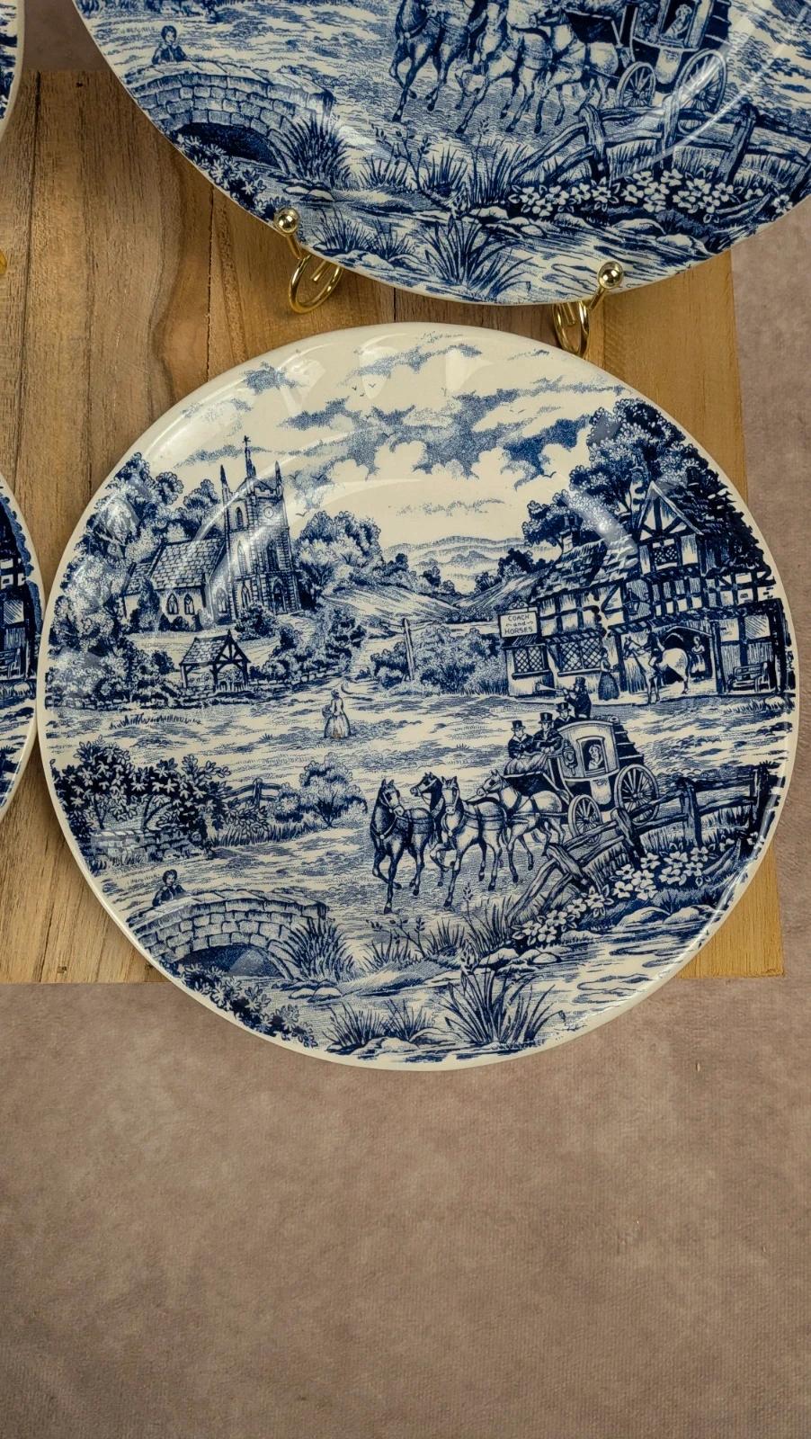 Lot de 4 assiettes à dessert décor village anglais – bleu & blanc