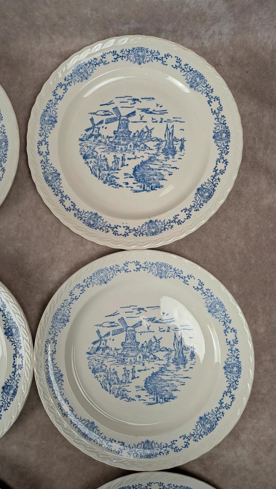 Lot de 6 assiettes plates anciennes Rotterdam décor bleu moulin