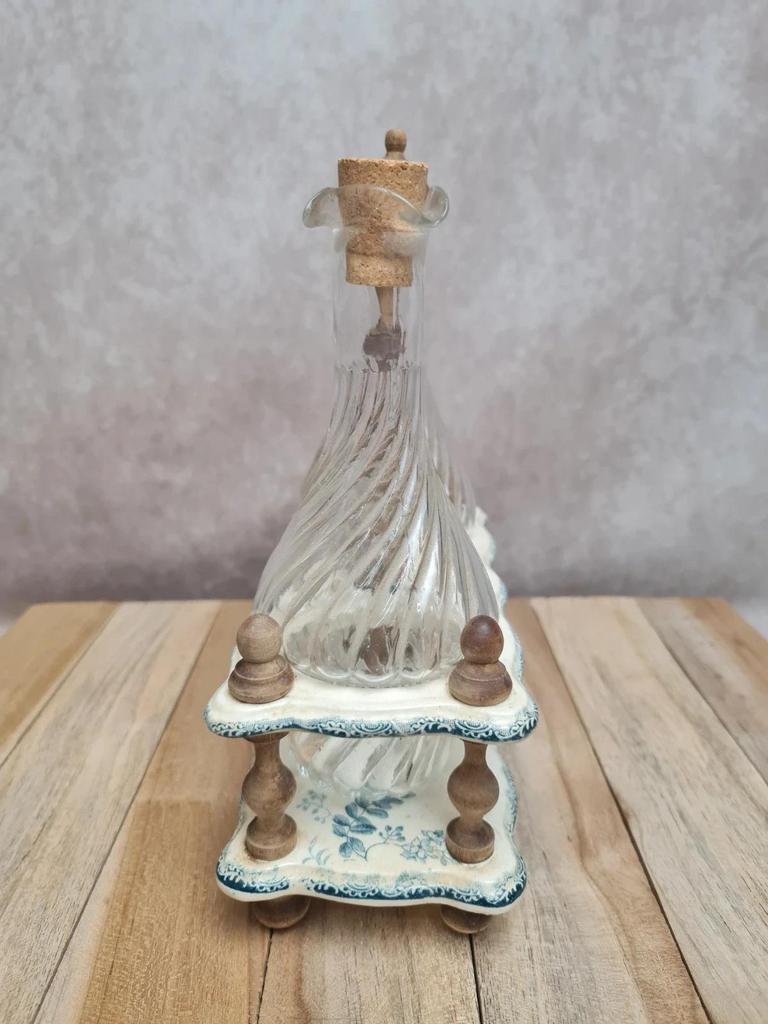 Serviteur huile vinaigre ancien Terre de Fer attribué Gien décor floral bleu 💙