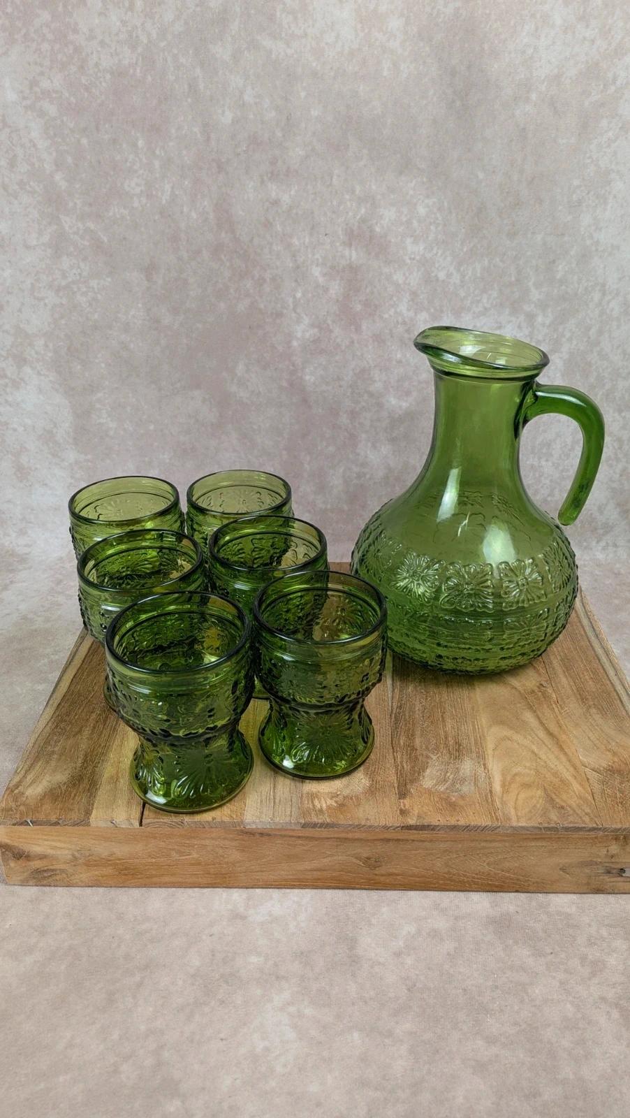Service à orangeade/citronnade vintage carafe 6 verres verts Italie