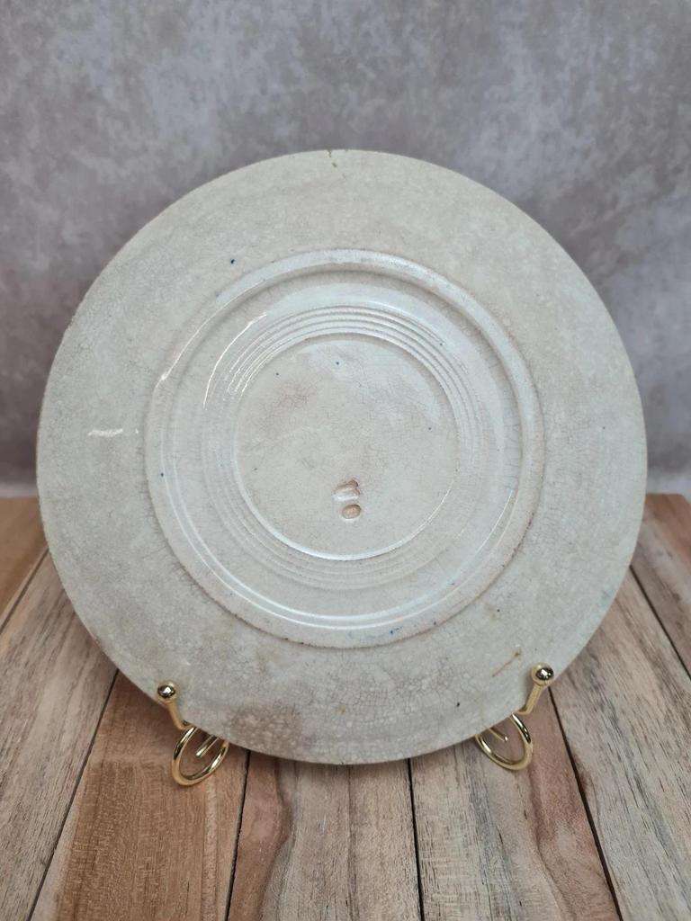 Assiette ancienne terre de fer décor floral bleu romantique pivoine fleurs Xixe
